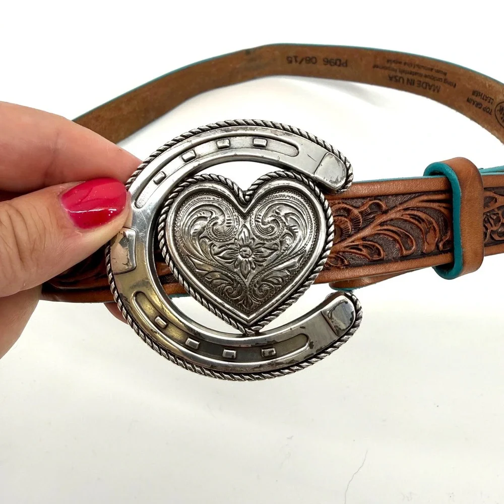 Justin Womens 30 Leather Belt Western Tooled Horseshoe Heart Buckle Teal Cowgirl